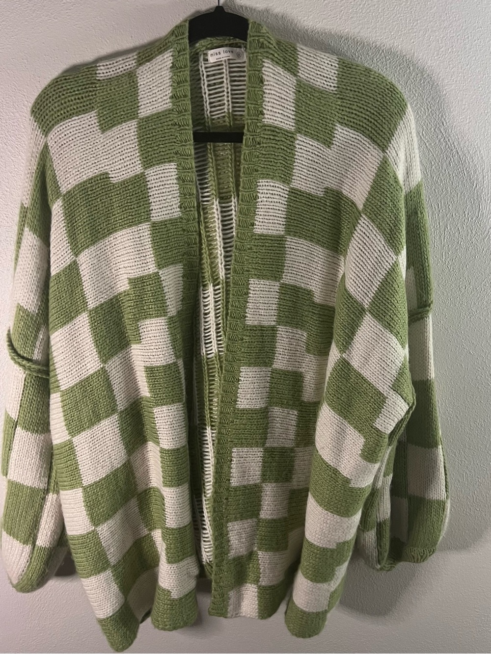 Checked Open-Front Cardigan in Green and Cream